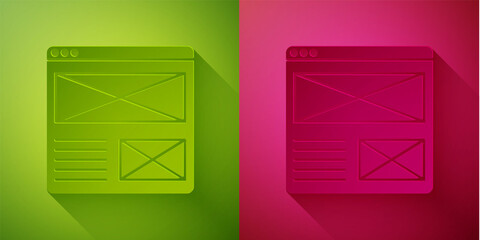 Paper cut Browser window icon isolated on green and pink background. Paper art style. Vector.