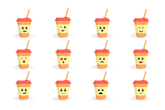 Set of Cute emoji coffee or tea cup with cap and straw icon set, front view, isolated on white background disposable craft brown paper, flat cartoon  style vector drink character illustration.  
