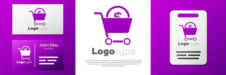 Logotype Shopping cart and dollar symbol icon isolated on white background. Online buying concept. Delivery service. Supermarket basket. Logo design template element. Vector.