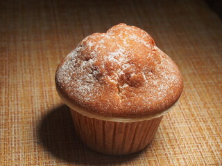 One cupcake lies on a table covered with a tablecloth. The cake is sprinkled with powdered sugar.