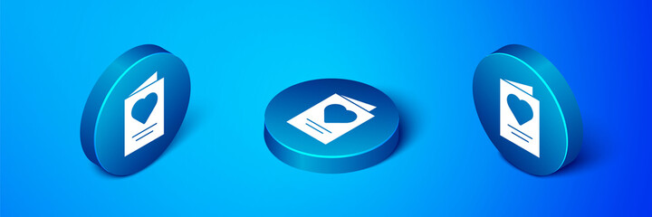 Isometric Greeting card icon isolated on blue background. Celebration poster template for invitation or greeting card. Blue circle button. Vector.
