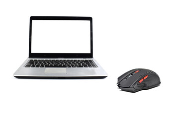 laptop computer with red and white background