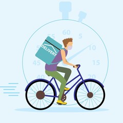 Online delivery service concept, online order tracking, delivery home and office. Bicycle courier in respiratory mask.
