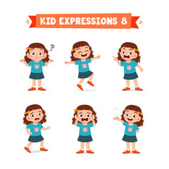 cute little kid girl in various expressions and gesture set