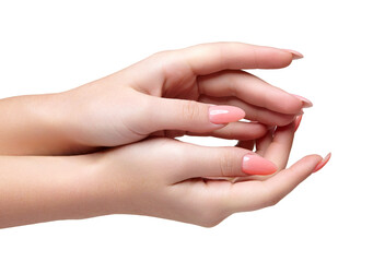 Female hands with woman's professional natural perfect nails manicure isolated on white background