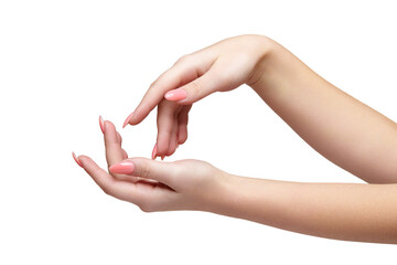 Female hands with woman's professional natural perfect nails manicure isolated on white background