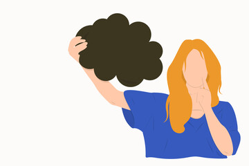 Smiling happy faceless woman holding blank speech bubble with empty space for text, web template