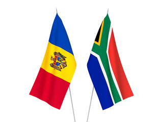National fabric flags of Republic of South Africa and Moldova isolated on white background. 3d rendering illustration.
