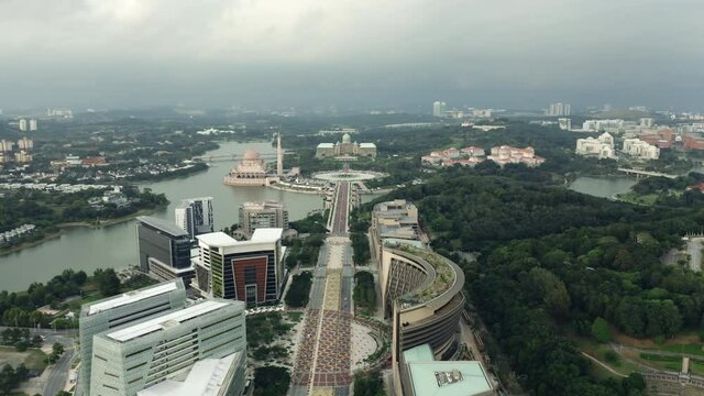 Wide aerial of Putra Bridge, Dataran Putra and Perdana Putra, Malaysia
