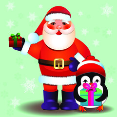Funny cute cartoon Santa Claus character with penguin Happy New Year and Merry Christmas card. 