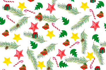 Obraz premium Watercolor illustrations of fir branches, boxes with gifts, stars and Christmas trees on a white background for your design