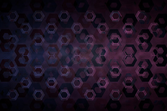 Abstract 3d background with many honeycombs, hexagons, triangles, repeating and intersecting each other, soft neon colors, texture of sand and waves, mirror reflection, distortion