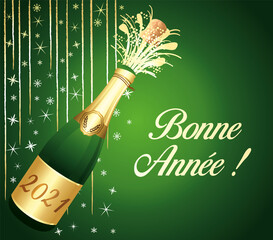 Bonne année 2021 ! Carte de vœux verte et dorée avec bouteille de Champagne ouverte. 