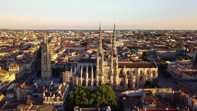 Cathedral in downtown Bordeaux France as seen from a drone's perspective.