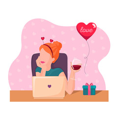 St. Valentines Day - Young woman on online dating. Online chatting and drinking red wine. Flat vector illustration for web, landing page, banner. Real life in a pandemic 2021.