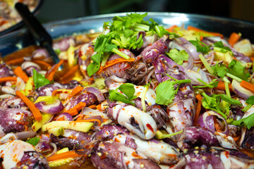 Street food market in Asia. Food counters