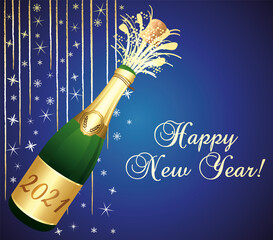Blue and gold greeting card 2021 Happy New Year with uncorked bottle of Champaign. 