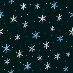 Fototapeta na wymiar Seamless pattern with snow and hand drawn snowflakes and stars on black background,christmas and new year illustration for wrapping paper,packaging design and printing on fabric ,holiday wallpaper