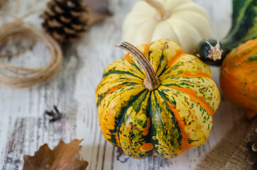 Fresh pumpkins on the wooden table,