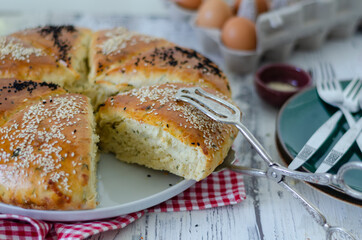 Traditional leavened bread in a tray