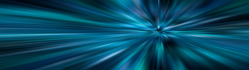 Fototapeta premium Panoramic abstract big data, speed, colorful fibers, rays background in blue color. 3D tunnel illustration