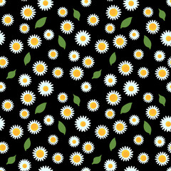 Chamomile flowers with leaf seamless pattern on black background. Vector illustration texture with small flowers. Fashion surface design. - 401202050