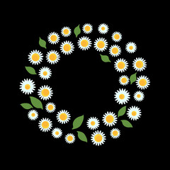 Camomile Round frame. Vector small white flowers with green leaf illustration on black background. Trend fashion bright design. Templete cute card or banner - 401202073