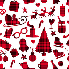 Checkered red shape Merry Christmas. Seamless pattern. Winter holiday surafce design. Vector illustration silhouette Santa Claus, tree, girf box and socks isolated on white background. New Year mood. - 401202402