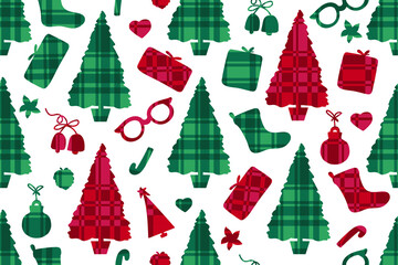 Checkered pattern seamless Merry Christmas and new year. Winter holiday surafce design. Red and green colors. Vector illustration shape tree, girf box and socks isolated on white background - 401202431