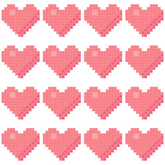 Fototapeta na wymiar Pixel art. The heart icon. Valentine's Day. Cartoon drawings. Seamless pattern. Vector illustration for web design or print.