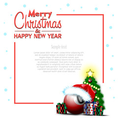 Merry Christmas and Happy New Year. Frame with billiard ball, Christmas tree and gift boxes. Greeting card design template with for new year. Vector illustration