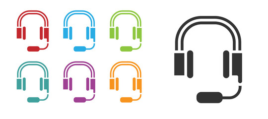 Black Headphones with microphone icon isolated on white background. Set icons colorful. Vector.