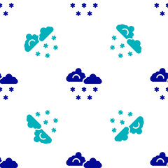 Obraz premium Blue Cloud with snow icon isolated seamless pattern on white background. Cloud with snowflakes. Single weather icon. Snowing sign. Vector.