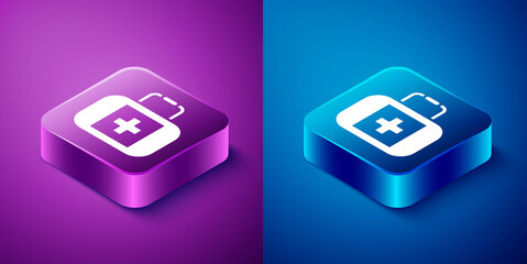 Isometric First aid kit icon isolated on blue and purple background. Medical box with cross. Medical equipment for emergency. Healthcare concept. Square button. Vector.