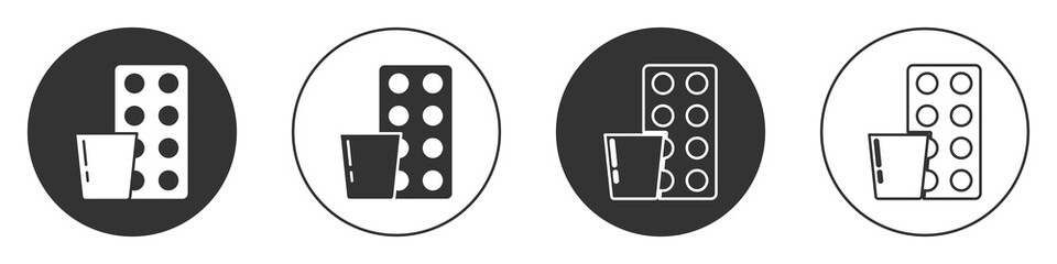 Black Pills in blister pack icon isolated on white background. Medical drug package for tablet, vitamin, antibiotic, aspirin. Circle button. Vector.