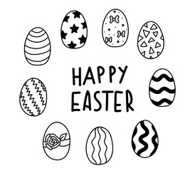 Hand drawn Easter eggs doodle set. Handwritten lettering.  Ornament holidays design isolated on white background. Egg ornament sketch