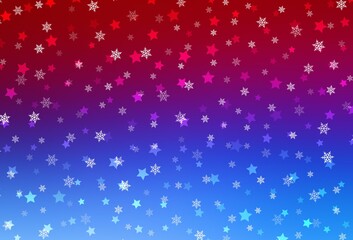Light Blue, Red vector background with beautiful snowflakes, stars.