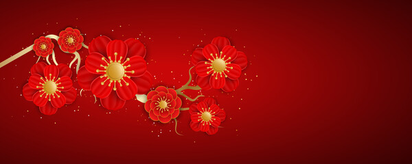 Richly decorated with gold red blooming flowers on a red background. Happy Chinese New Year. Traditional Chinese background for your festive design. Vector illustration