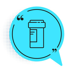 Black line Medicine bottle icon isolated on white background. Bottle pill sign. Pharmacy design. Blue speech bubble symbol. Vector Illustration.