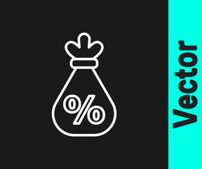 White line Money bag with percent icon isolated on black background. Cash Banking currency sign. Vector Illustration.