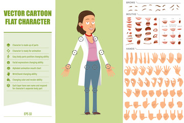 Cartoon flat funny doctor woman character in white uniform. Ready for animations. Face expressions, eyes, brows, mouth and hands easy to edit. Isolated on green background. Vector set.