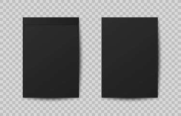 Realistic A4 mock up black paper letter with shadow. C4 blank envelope isolated on transparent background. Envelopes for vertical document. Vertical postage. Template for your design.