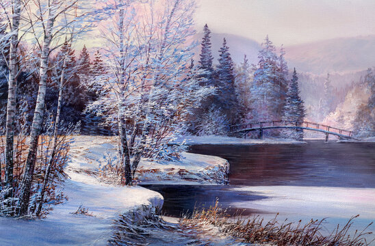 White bridge over the river, winter landscape. Oil painting landscape.