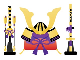 子どもの日の兜や刀や矢のセットイラスト　紫