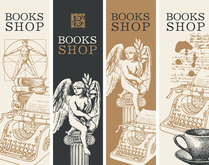 Set of four banners for books shop in retro style. Vector illustrations with hand-drawn typewriter, angel, books, cup and inscription. Suitable for flyer, label, bookmark, advertising, poster - obrazy, fototapety, plakaty
