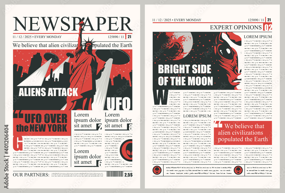 Poster newspaper columns with unreadable text, headlines and illustrations on topic of extraterrestrial civ