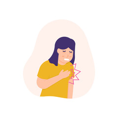 illustration of woman grimacing in pain and holding her chest. people suffering from heart disease or heart attack, lung disease, pain in the chest, cholesterol. flat style. design elements