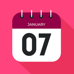 Calendar day 7. Number seven on a white paper with wine color border on pink background vector.