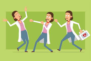 Fototapeta premium Cartoon flat funny doctor woman character in white uniform. Girl fighting and running with first aid kit. Ready for animation. Isolated on green background. Vector set.