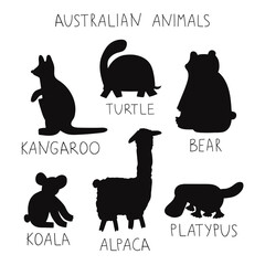 Hand drawn silhouette animals collection with names. Kids style template design on white background. 
